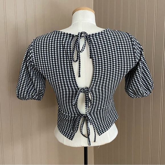 Kiabi Black & White Gingham Tie Back Crop Blouse Top Women’s Size XS/S - Picture 2 of 8